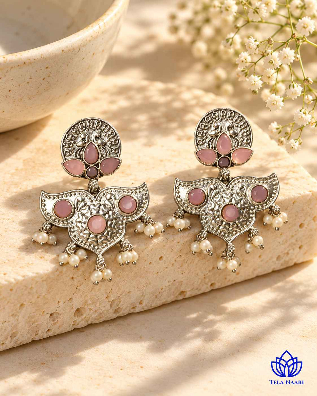 Silver Oxidised Pink Earrings Bashobi