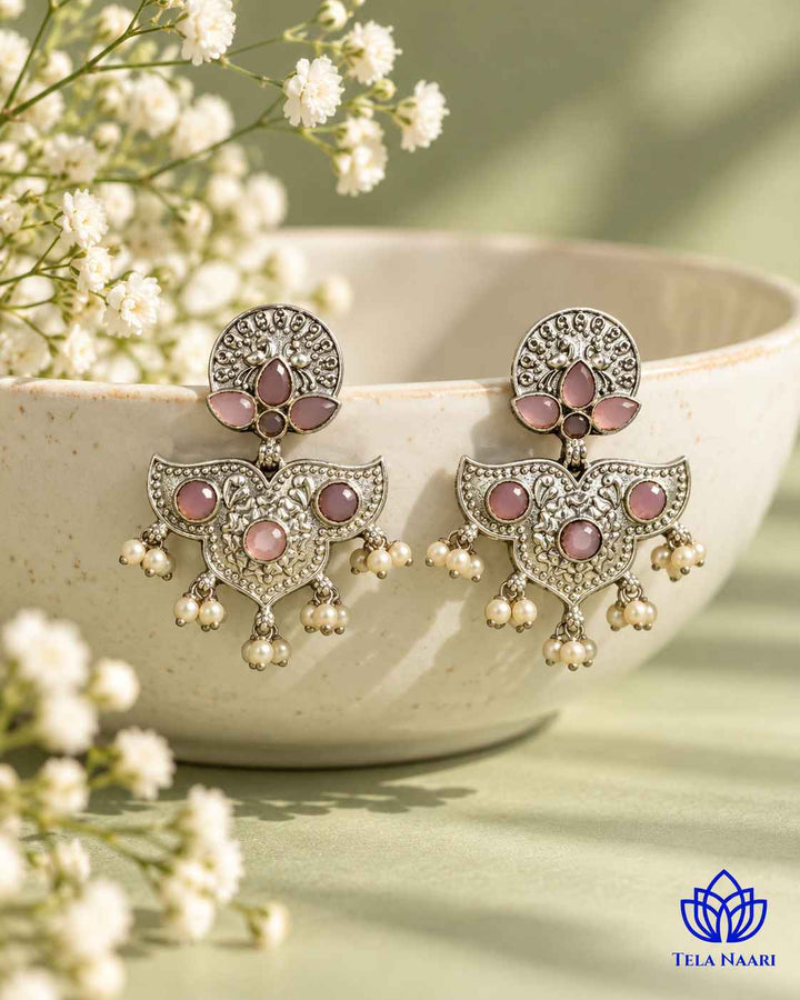 Silver Oxidised Pink Earrings Bashobi