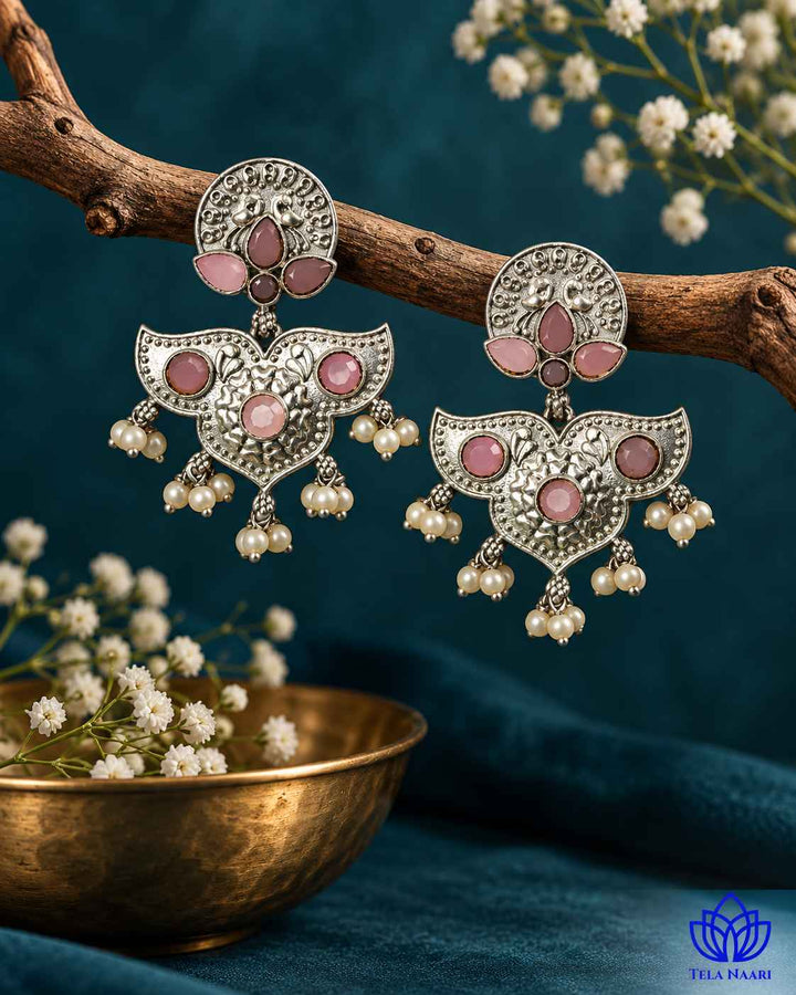 Silver Oxidised Pink Earrings Bashobi