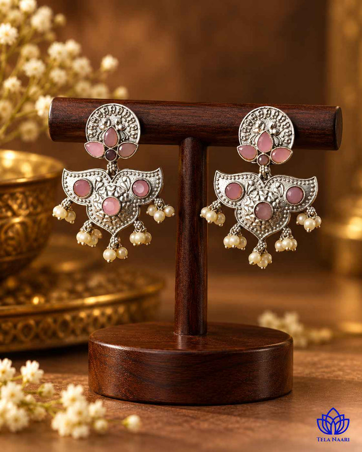 Silver Oxidised Pink Earrings Bashobi