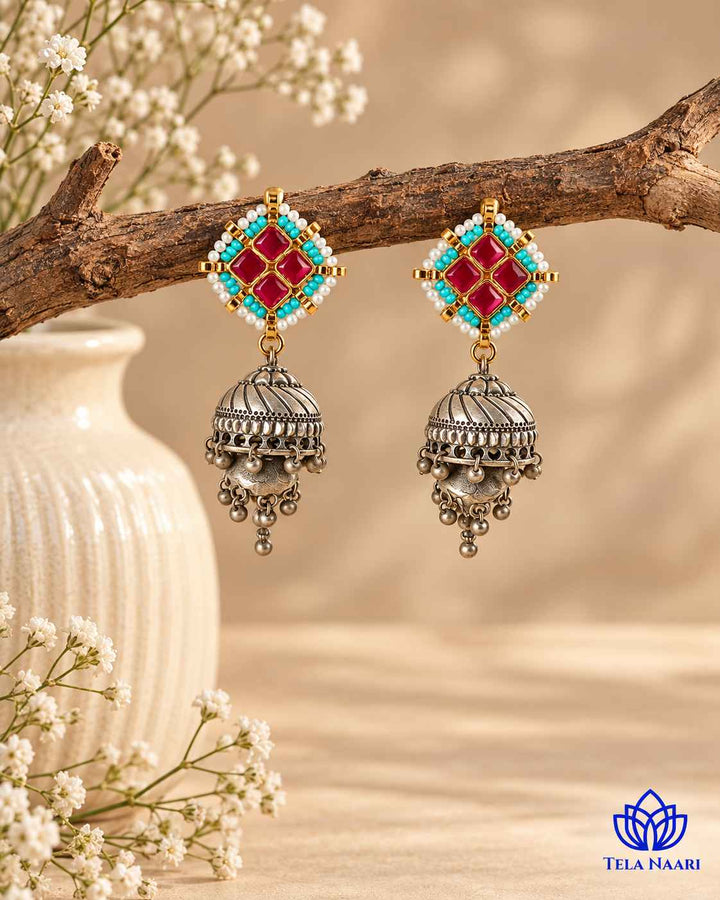 Nandita Dual Tone Fushion Pachi Kundan Jhumka Silver Plated Earrings