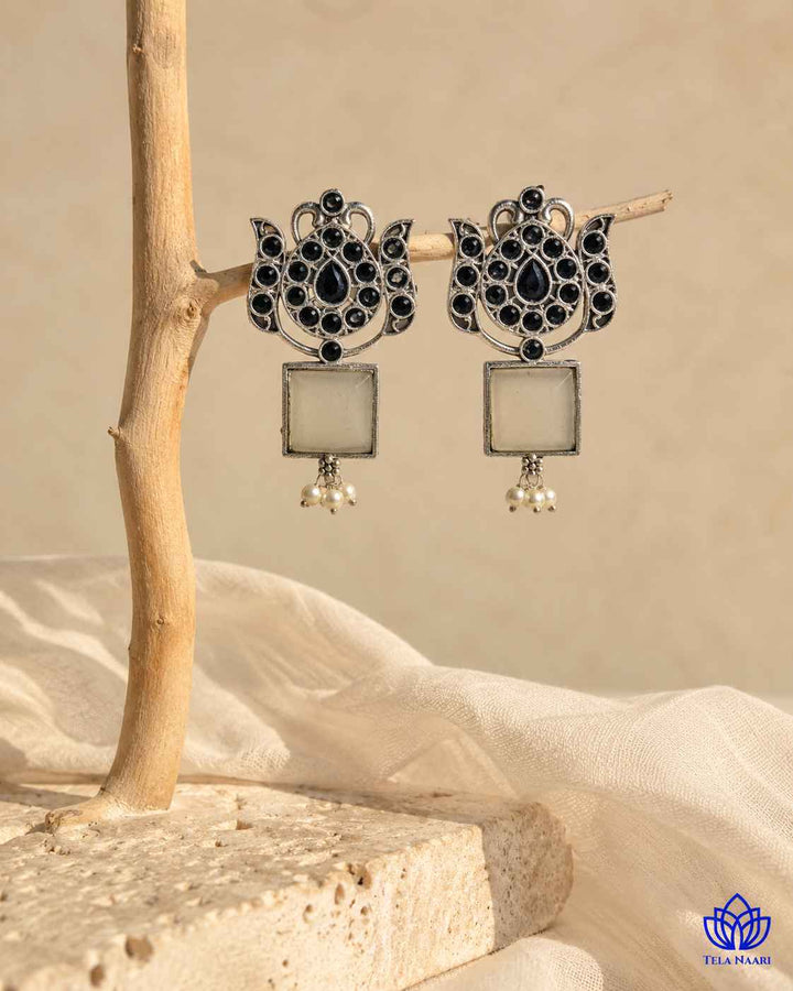 Silver Oxidised Earrings Azalea White