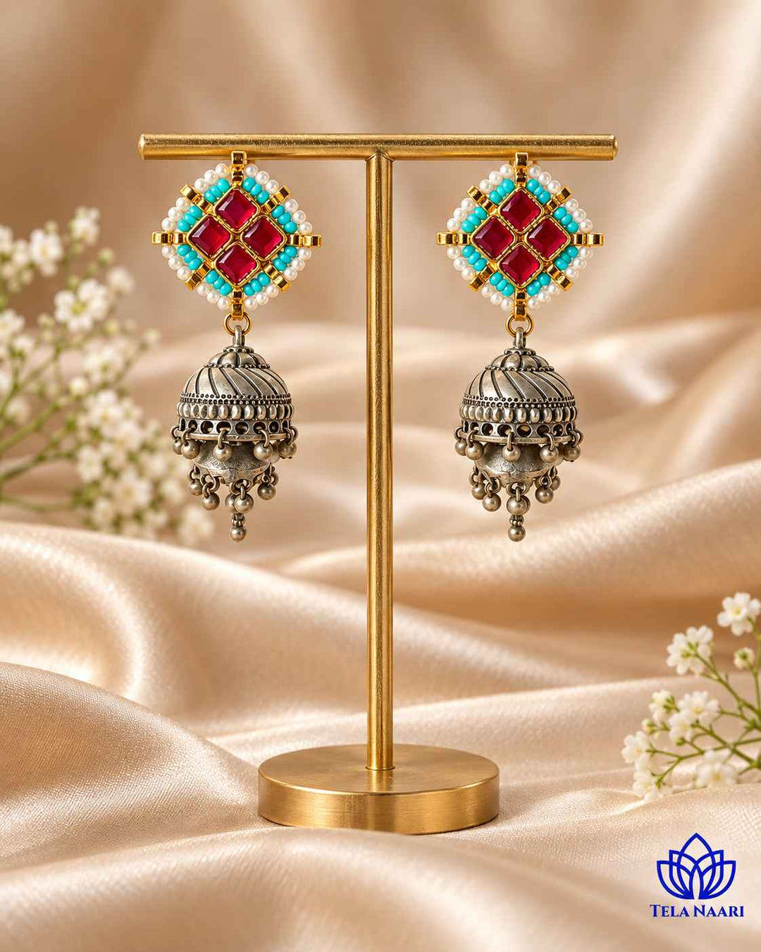Nandita Dual Tone Fushion Pachi Kundan Jhumka Silver Plated Earrings