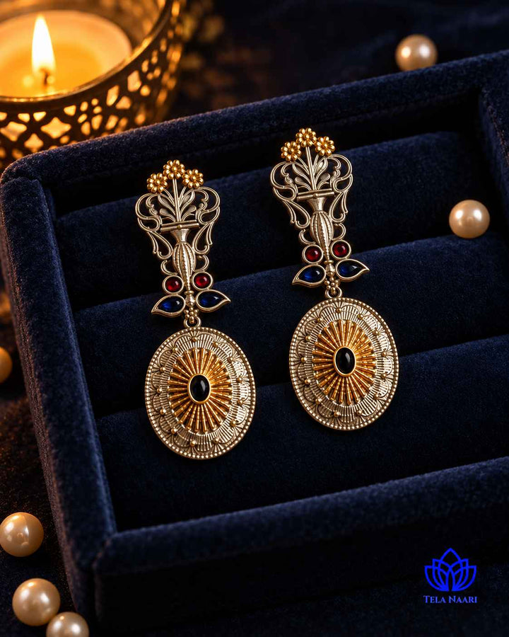 Dual Tone Drit Peacock Red Blue Earrings