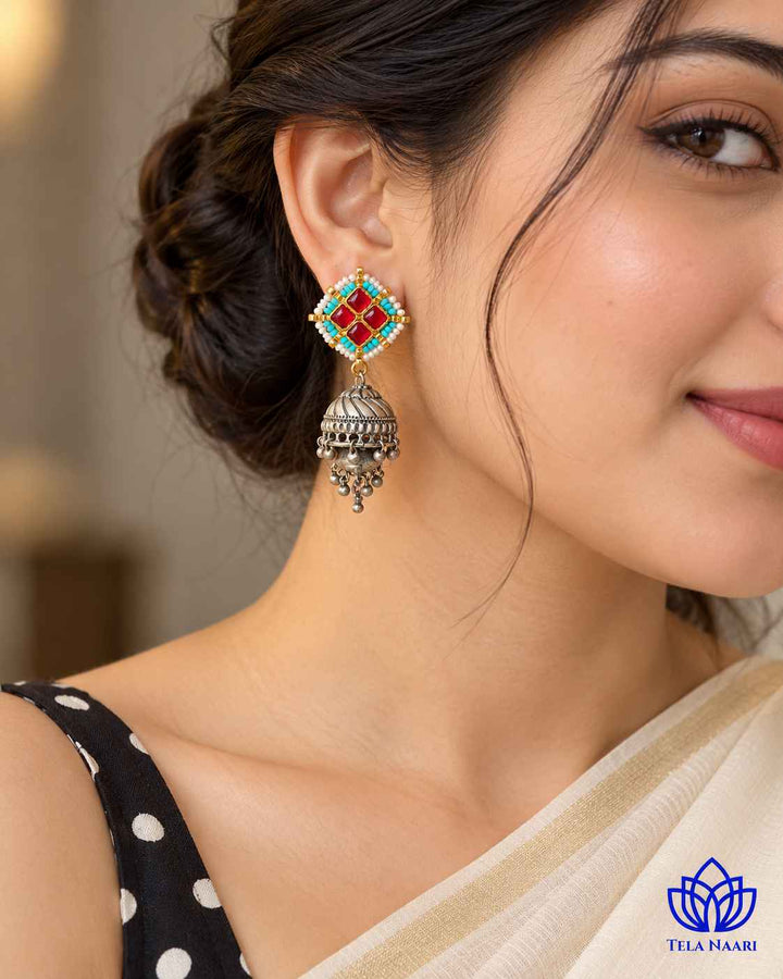 Nandita Dual Tone Fushion Pachi Kundan Jhumka Silver Plated Earrings