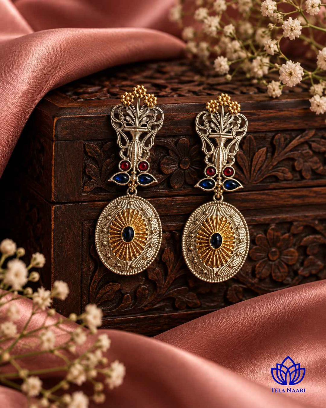Dual Tone Drit Peacock Red Blue Earrings