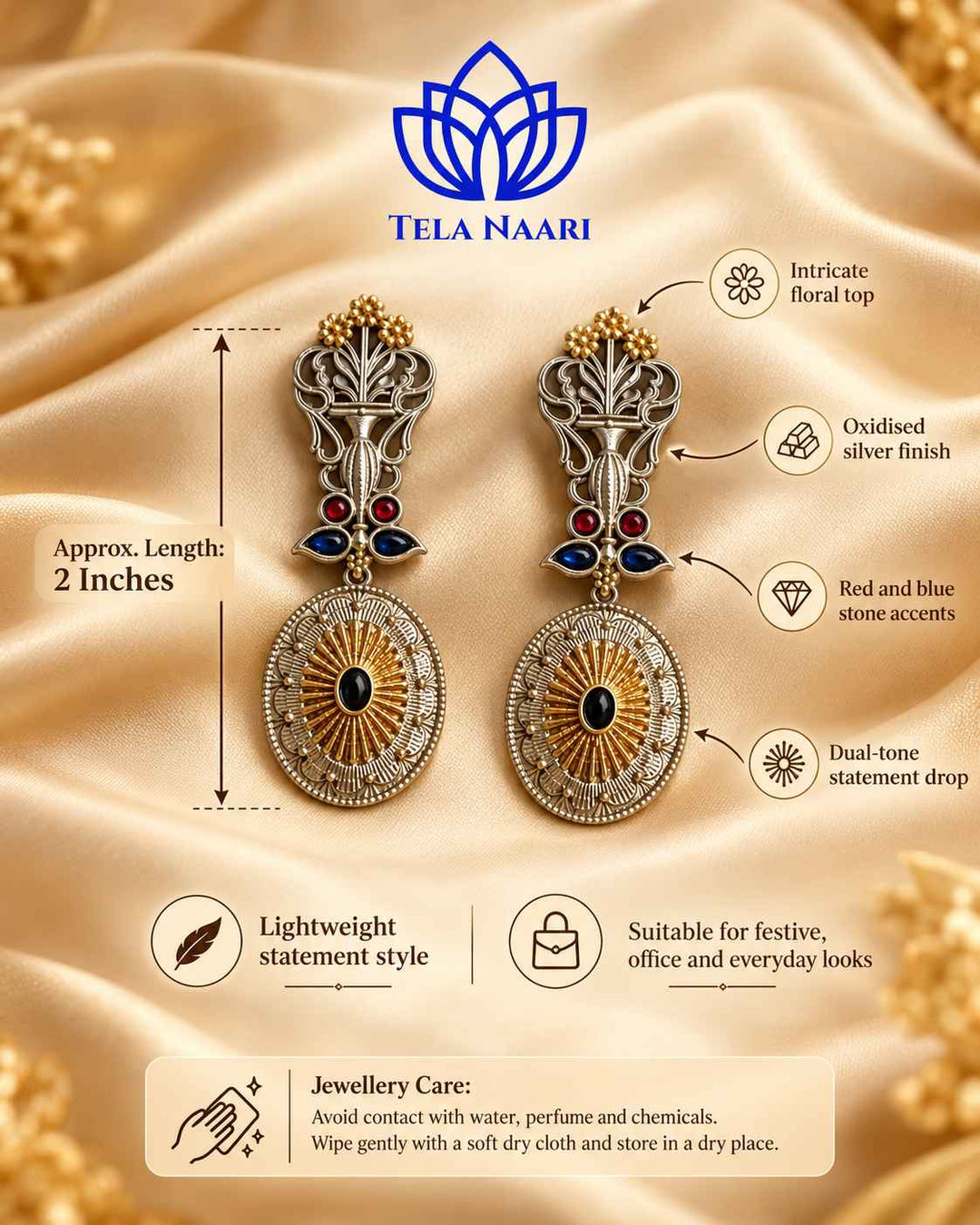 Dual Tone Drit Peacock Red Blue Earrings