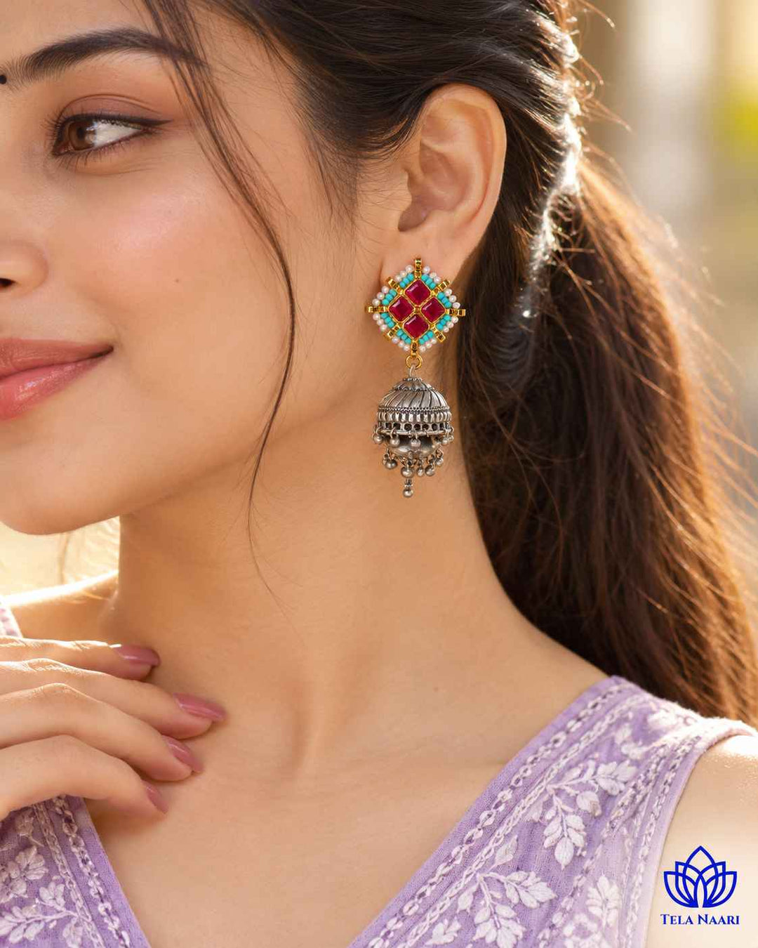 Nandita Dual Tone Fushion Pachi Kundan Jhumka Silver Plated Earrings
