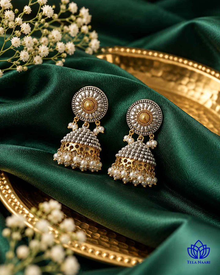 Renu Dual Tone Silver Plated Jhumka Earrings