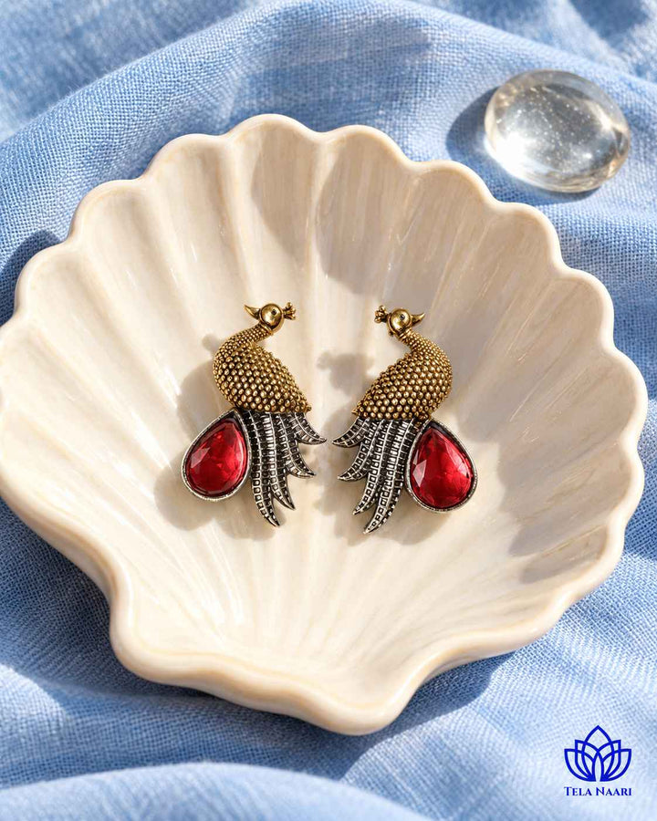 Red Peacock Dual Tone Stud Earrings