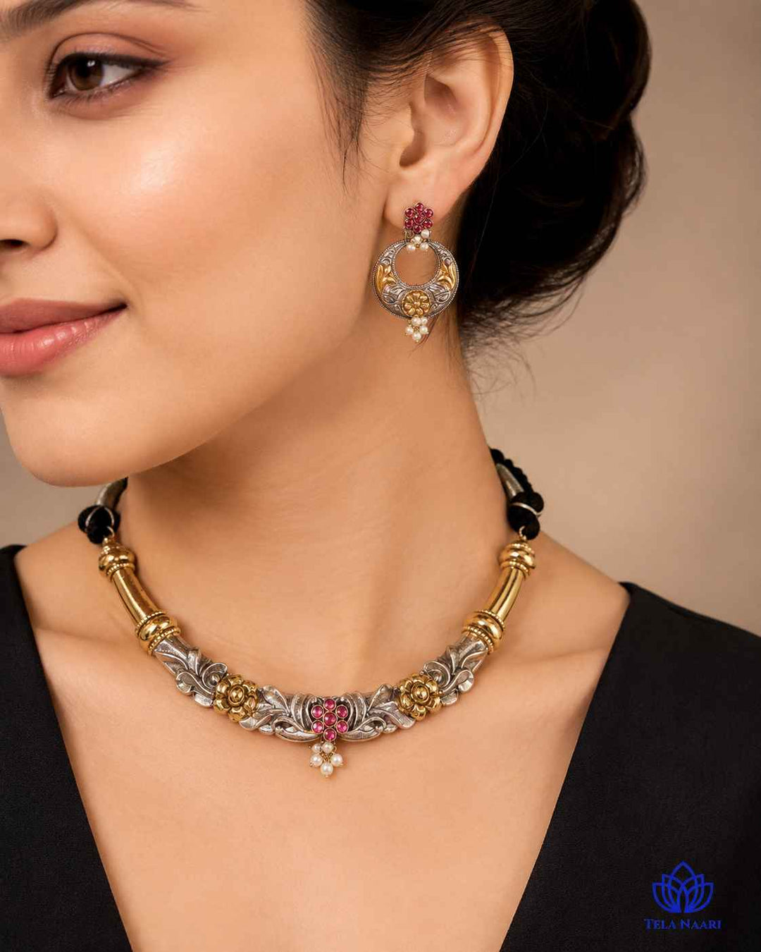 Nistha Silver Plated Dual Tone Hasli Necklace Set