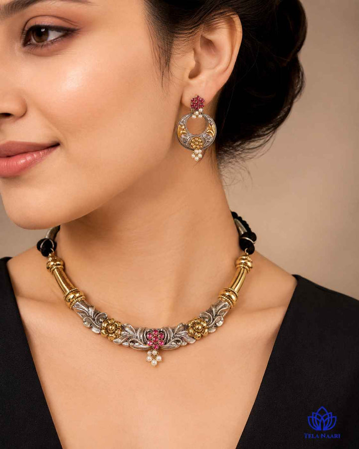 Nistha Silver Plated Dual Tone Hasli Necklace Set