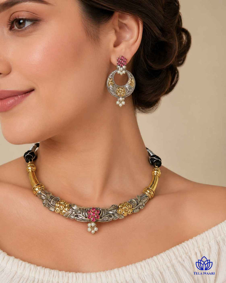 Nistha Silver Plated Dual Tone Hasli Necklace Set