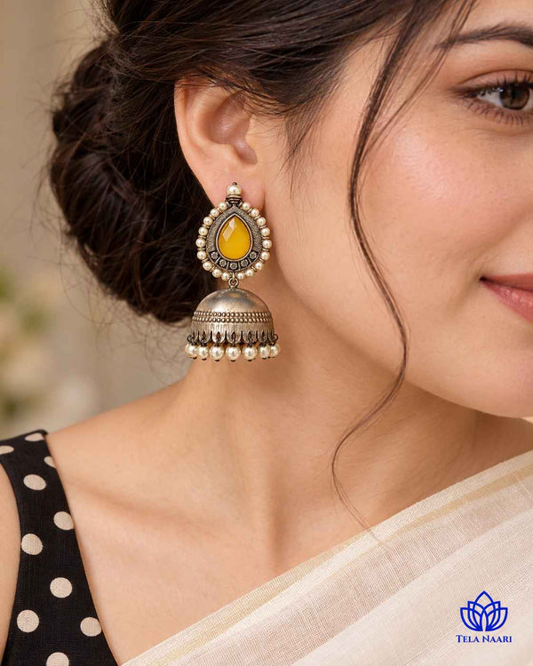 Silver Plated Yellow Nusrat Jhumkas