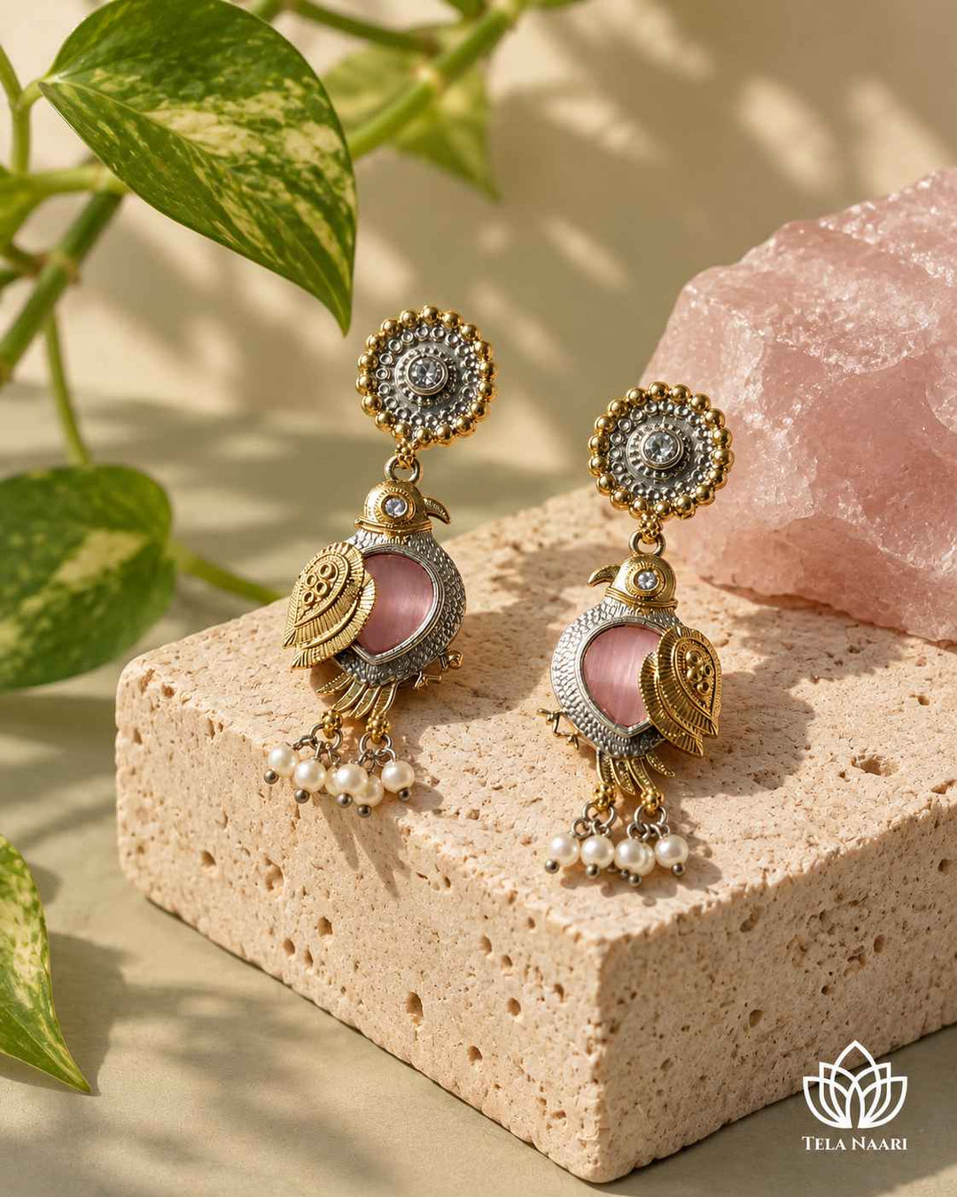 Tela Naari Damini Dual Tone Pink Bird Earrings