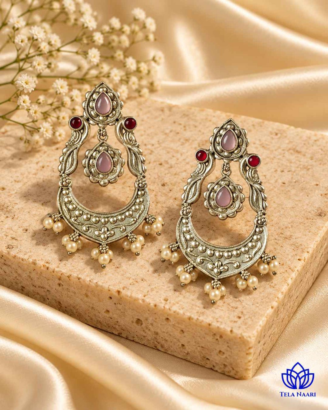 Silver Oxidised Earrings Pink Jannat