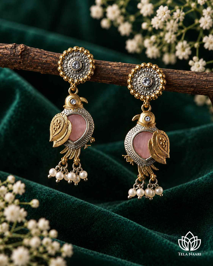 Tela Naari Damini Dual Tone Pink Bird Earrings