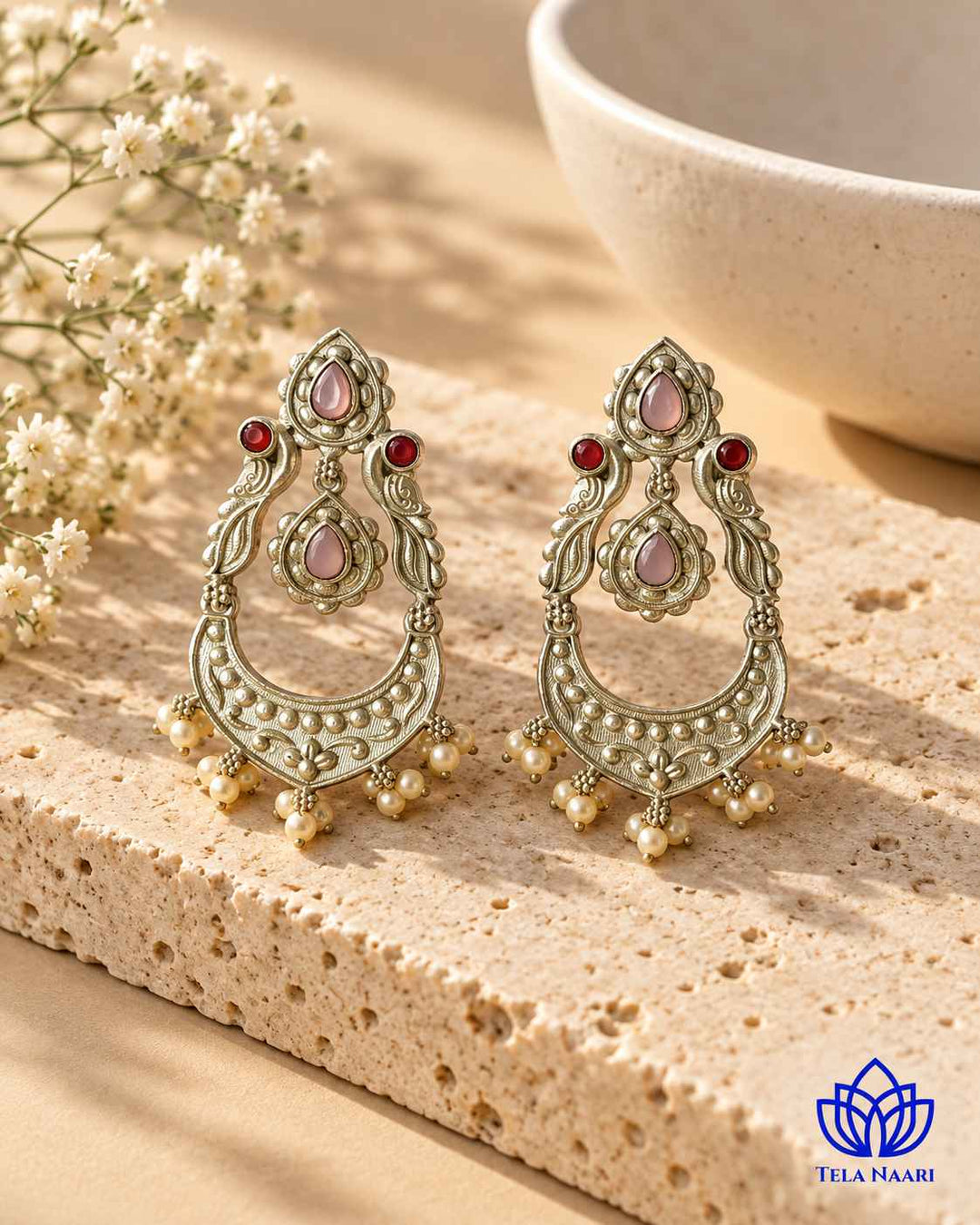 Silver Oxidised Earrings Pink Jannat
