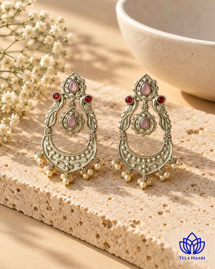 Silver Oxidised Earrings Pink Jannat