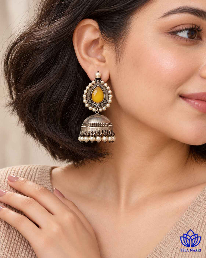 Silver Plated Yellow Nusrat Jhumkas
