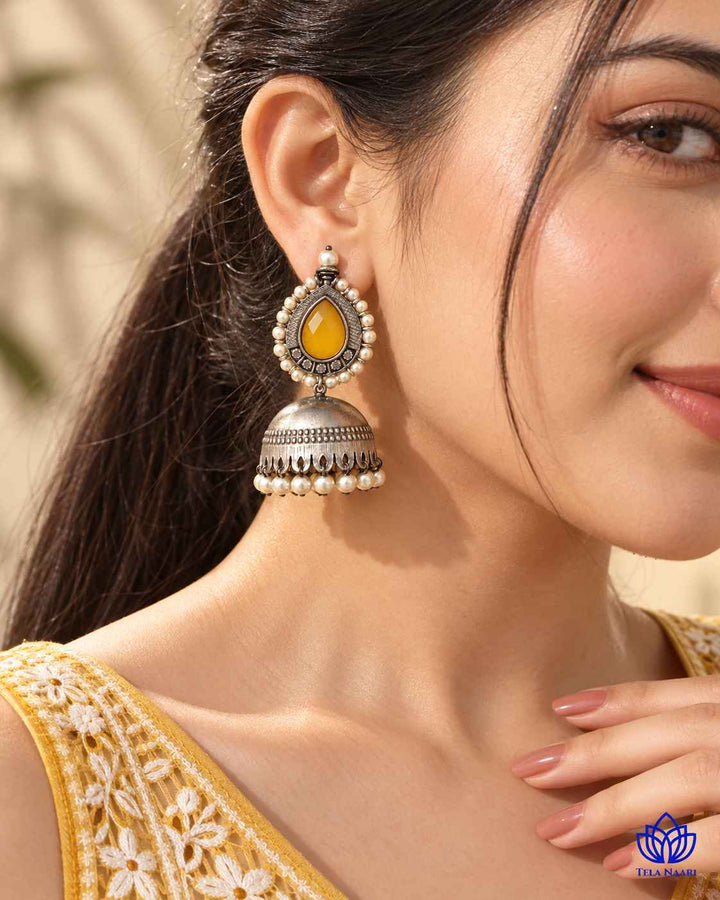 Silver Plated Yellow Nusrat Jhumkas