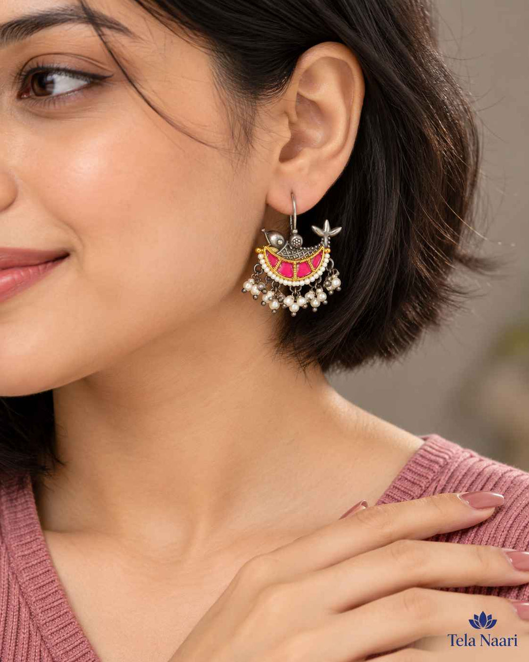 Nidhi Dual Tone Fushion Pachi Kundan Hook Earrings