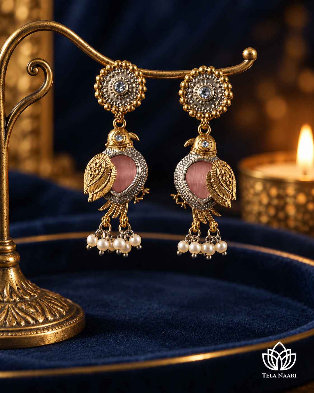 Tela Naari Damini Dual Tone Pink Bird Earrings