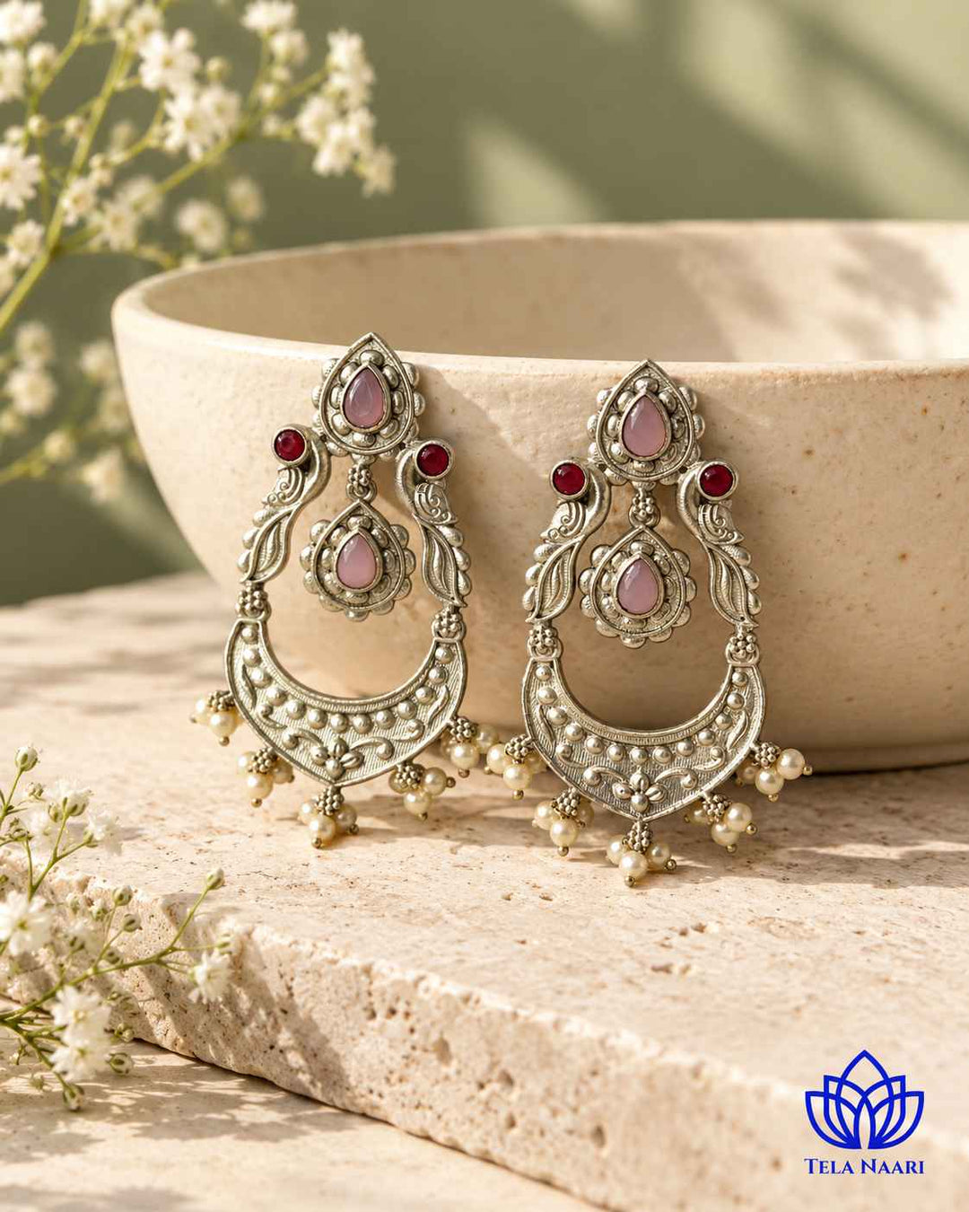 Silver Oxidised Earrings Pink Jannat