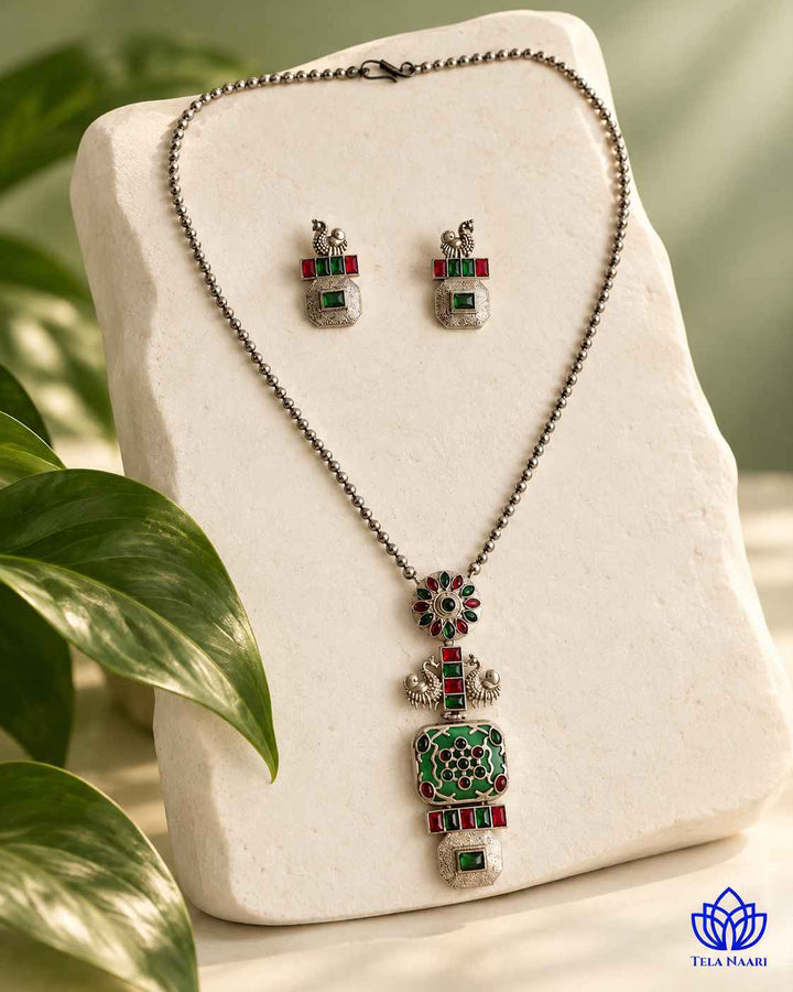 Seema Silver Plated Green Necklace Set
