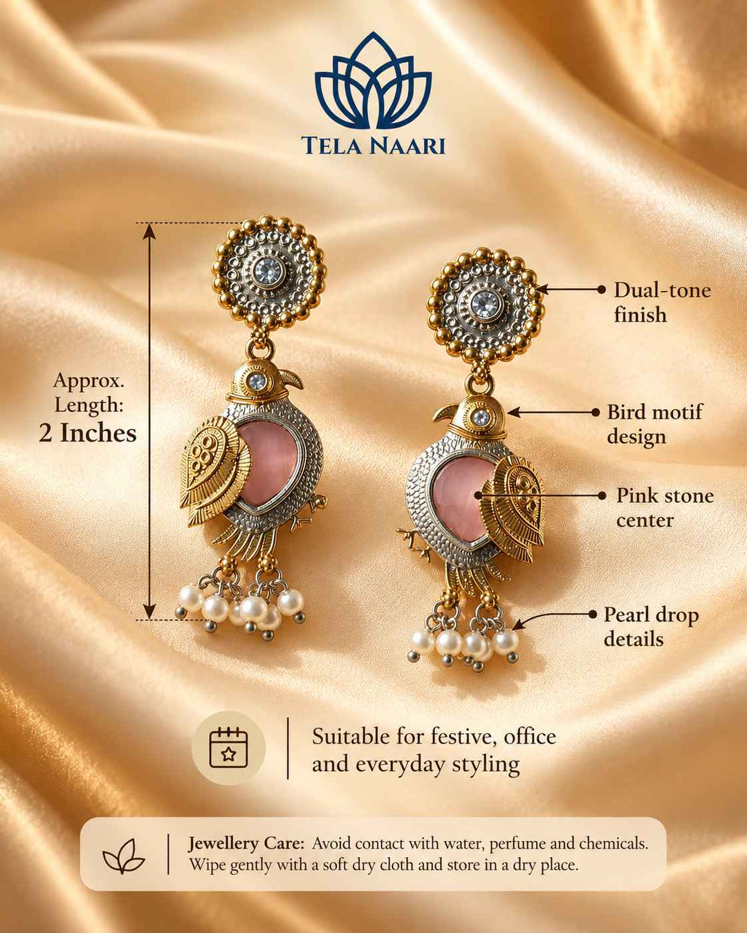 Tela Naari Damini Dual Tone Pink Bird Earrings