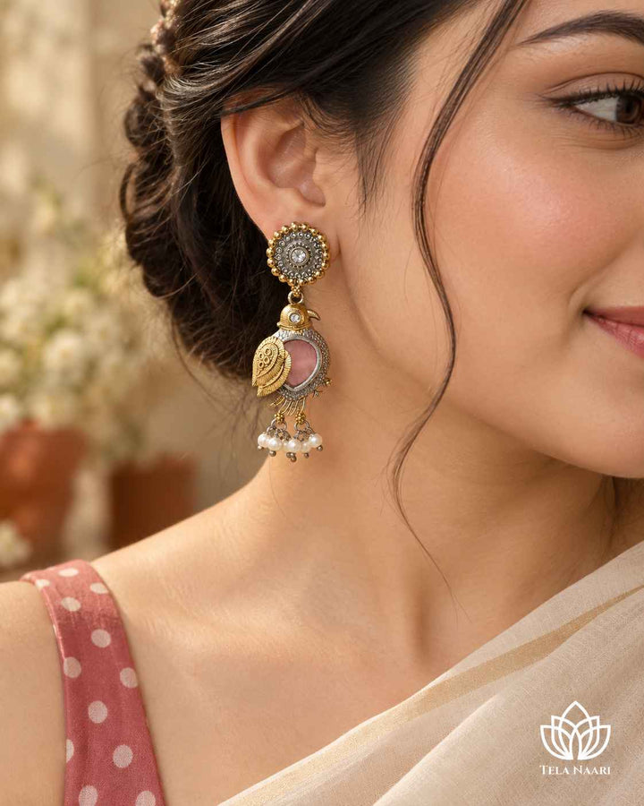 Tela Naari Damini Dual Tone Pink Bird Earrings
