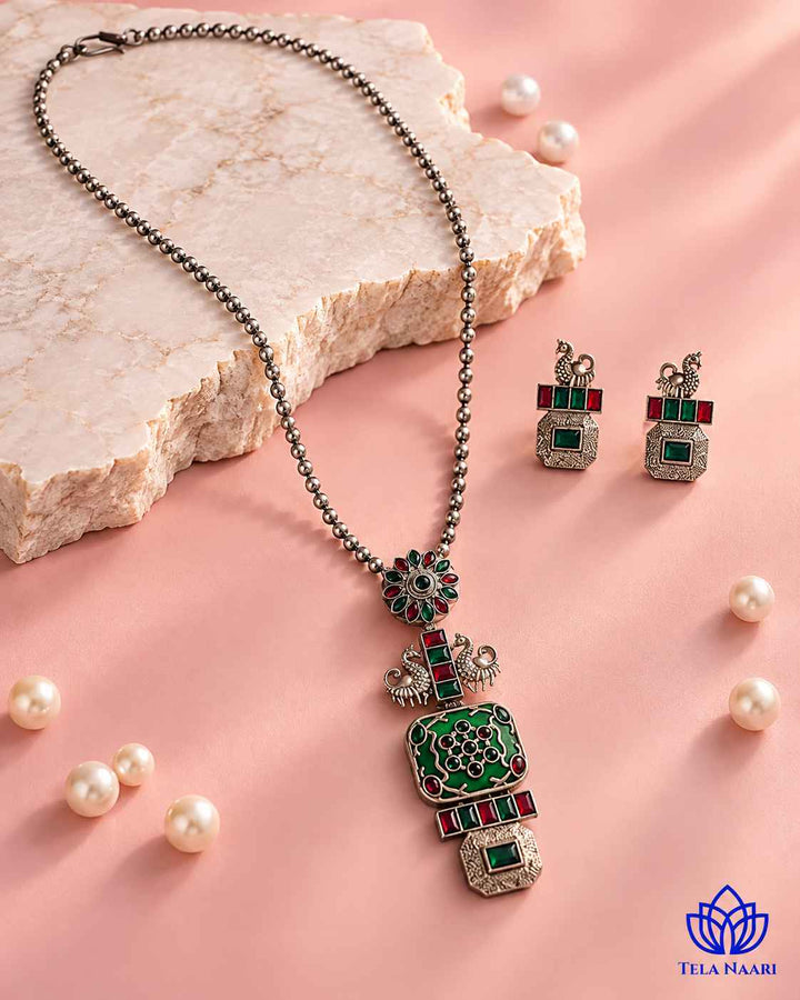 Seema Silver Plated Green Necklace Set
