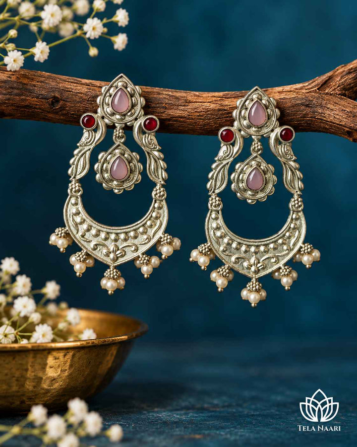 Silver Oxidised Earrings Pink Jannat