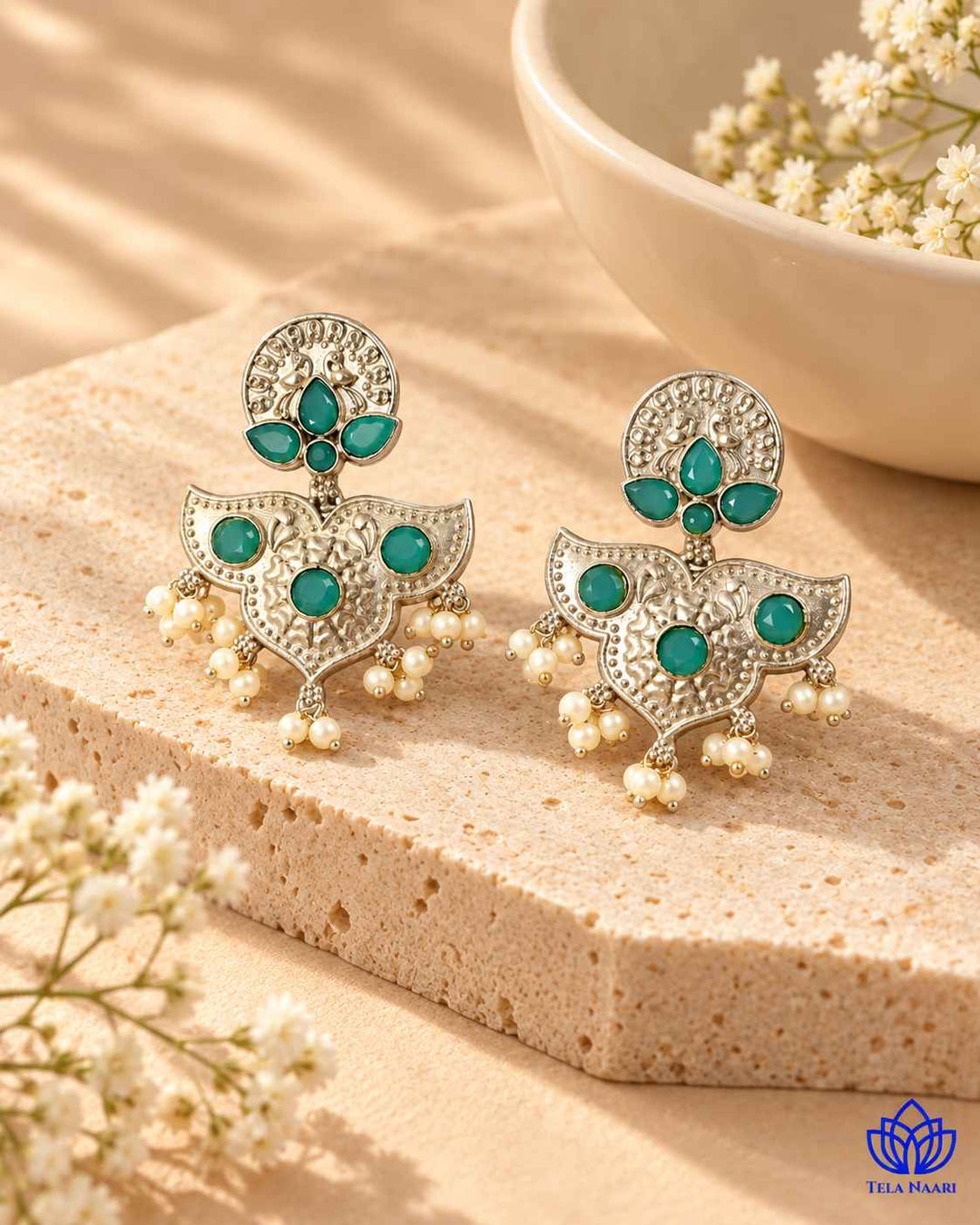 Silver Sky Blue Oxidised Earrings Bashobi