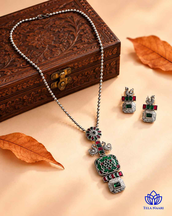 Seema Silver Plated Green Necklace Set
