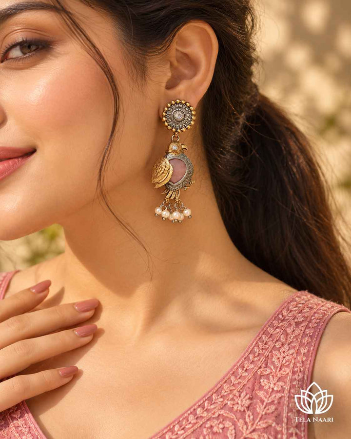 Tela Naari Damini Dual Tone Pink Bird Earrings