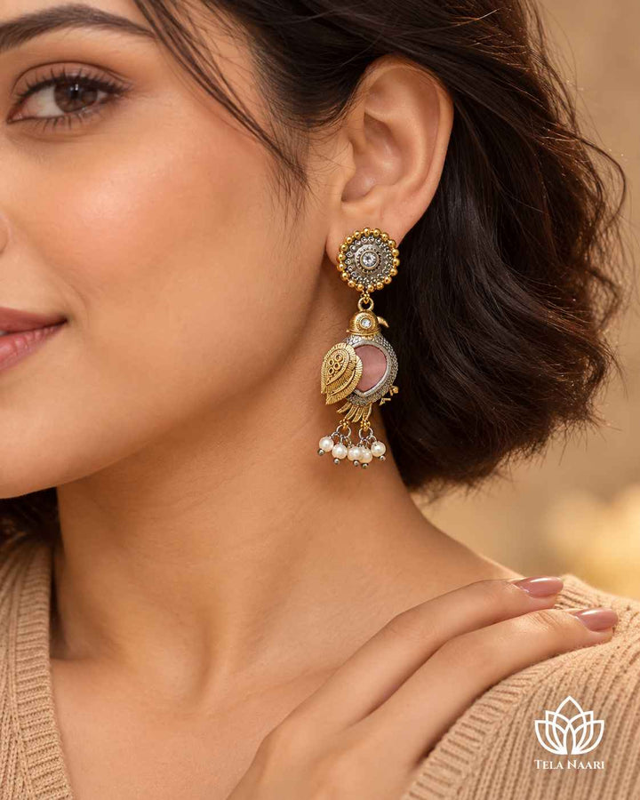 Tela Naari Damini Dual Tone Pink Bird Earrings