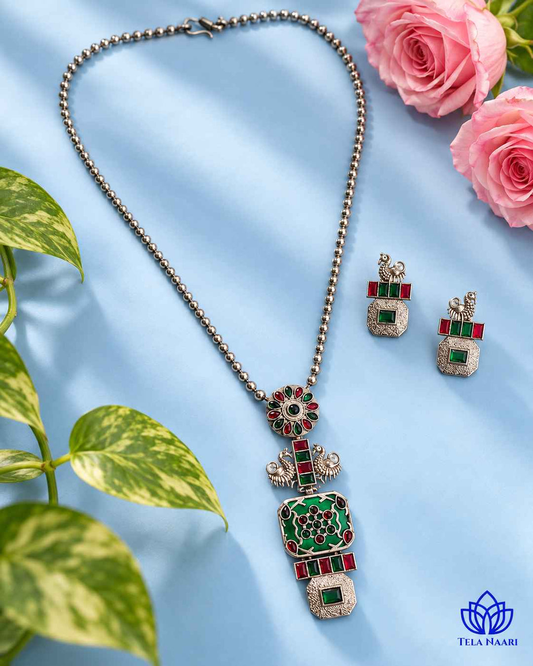 Seema Silver Plated Green Necklace Set