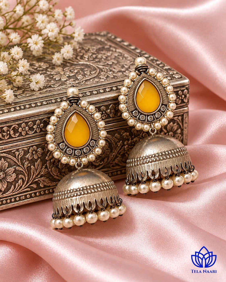 Silver Plated Yellow Nusrat Jhumkas