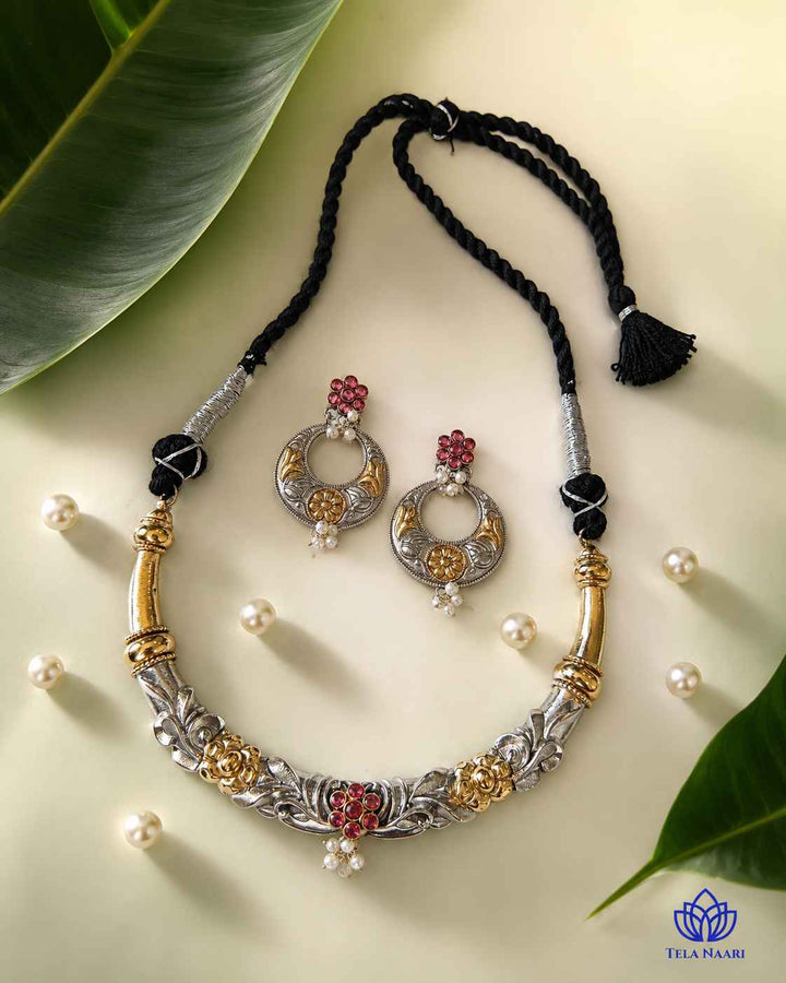 Nistha Silver Plated Dual Tone Hasli Necklace Set