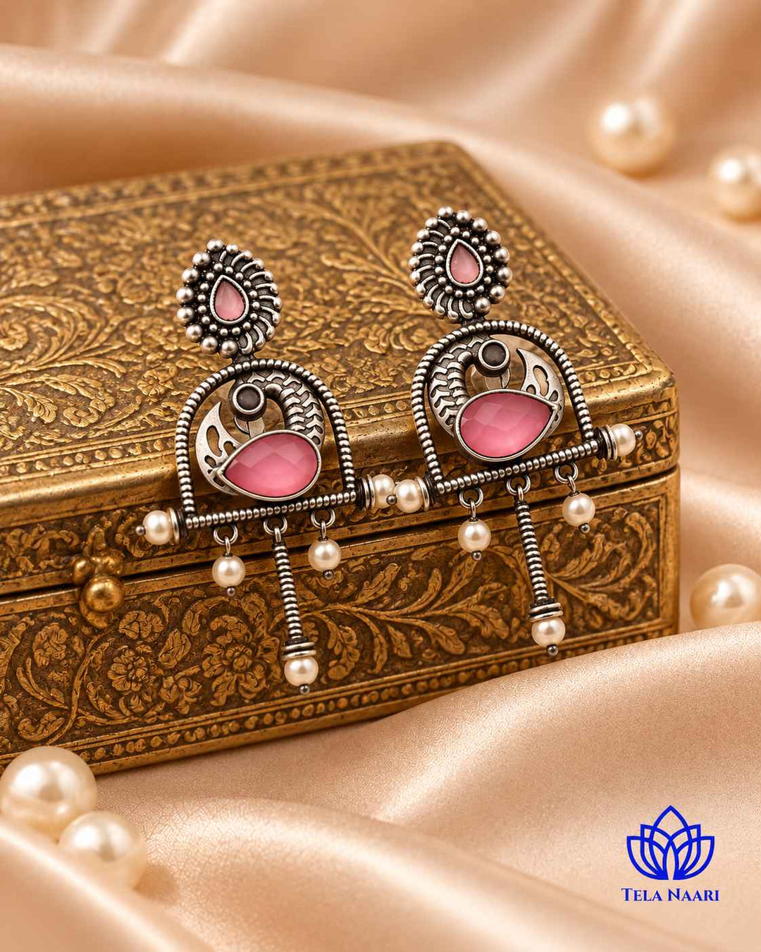 Aashni Silver Oxidised Pink Earrings