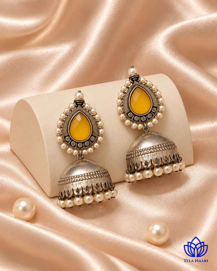 Silver Plated Yellow Nusrat Jhumkas