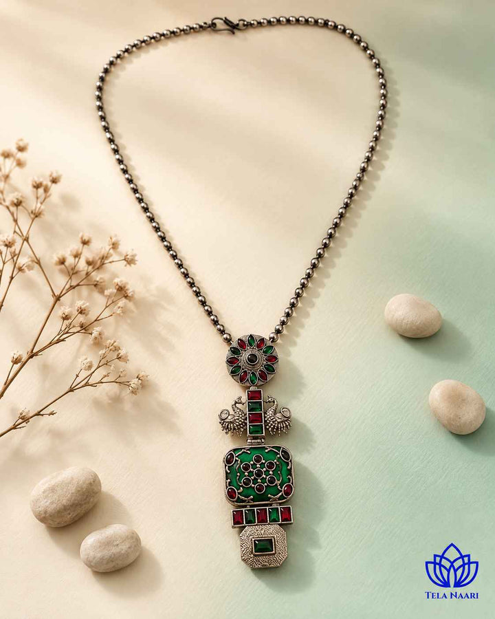 Seema Silver Plated Green Necklace Set
