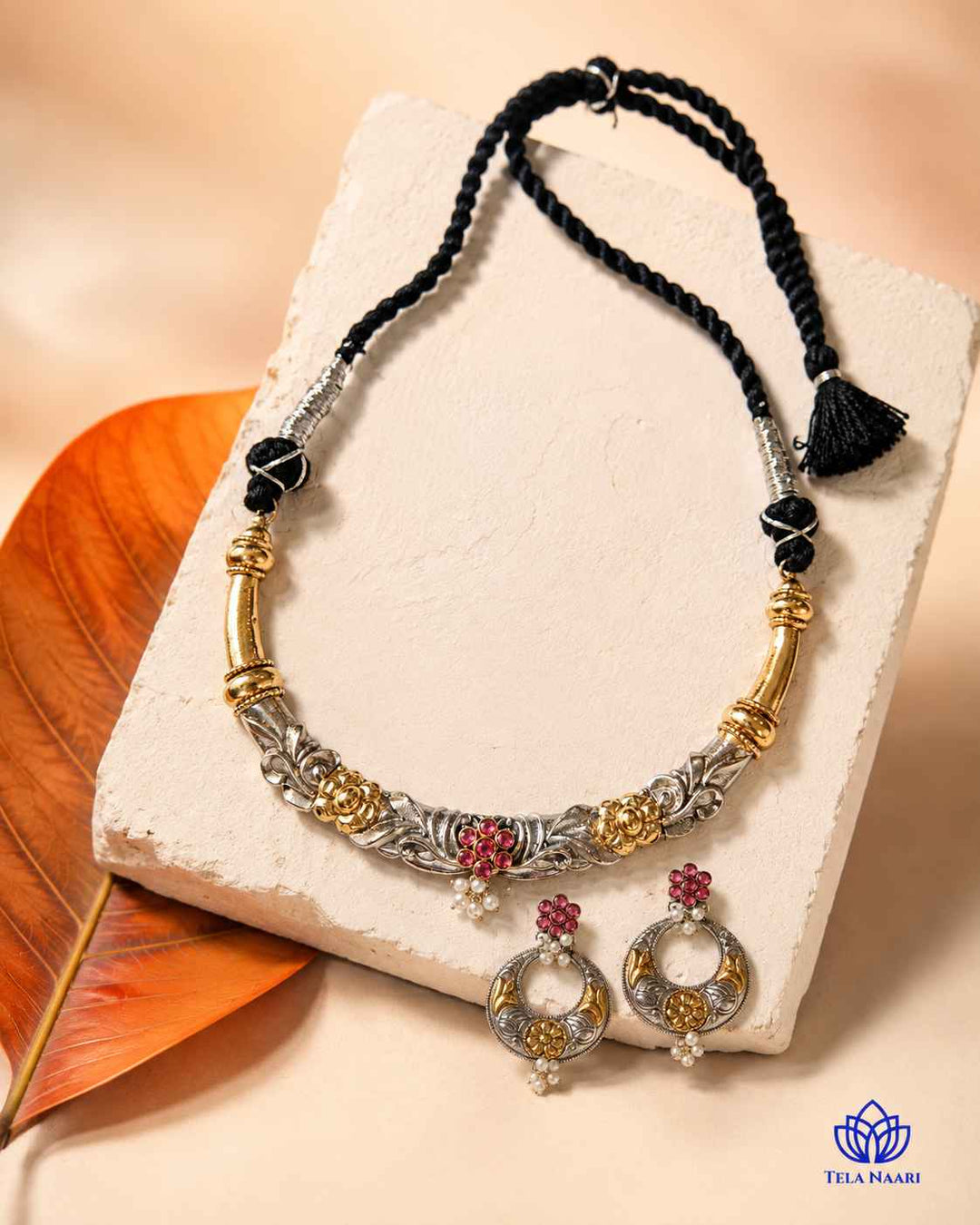 Nistha Silver Plated Dual Tone Hasli Necklace Set