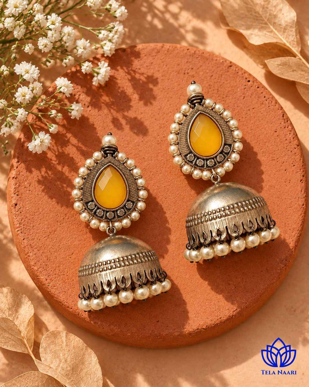 Silver Plated Yellow Nusrat Jhumkas