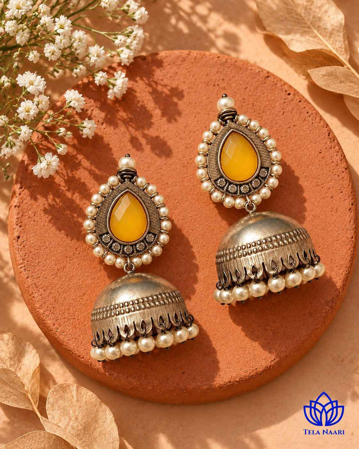 Silver Plated Yellow Nusrat Jhumkas