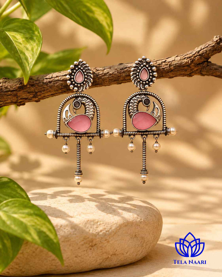 Aashni Silver Oxidised Pink Earrings