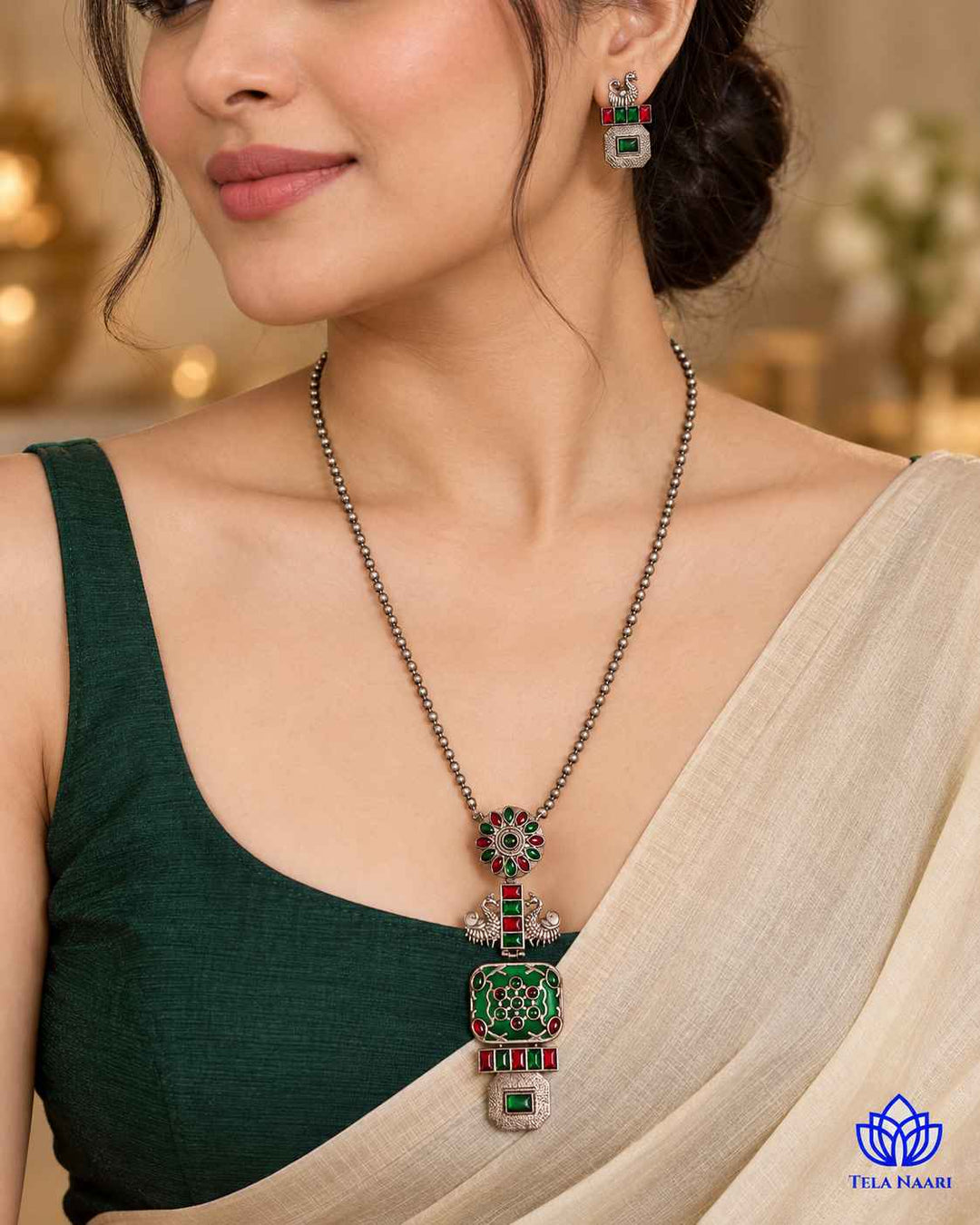 Seema Silver Plated Green Necklace Set