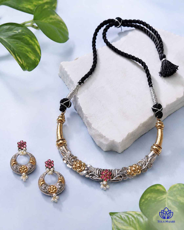 Nistha Silver Plated Dual Tone Hasli Necklace Set