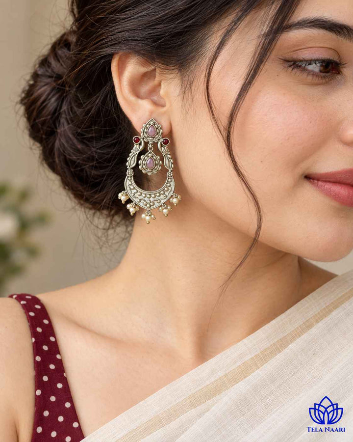 Silver Oxidised Earrings Pink Jannat